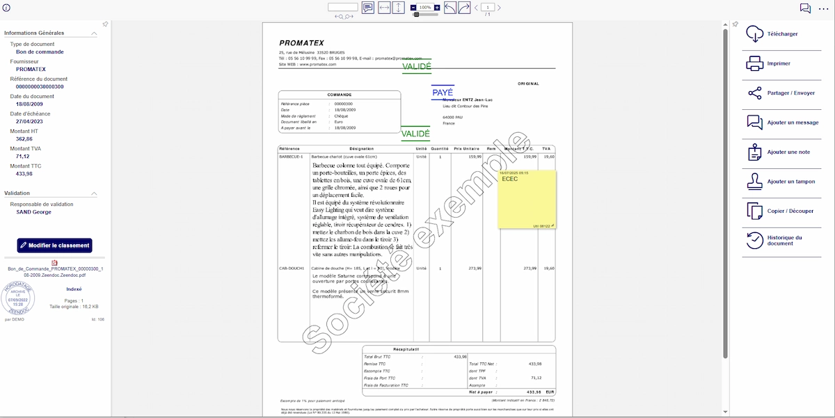 Bon de commande fournisseur ouvert dans Zeendoc avec ses index, ses tampons VALIDÉ et PAYÉ et une note jaune