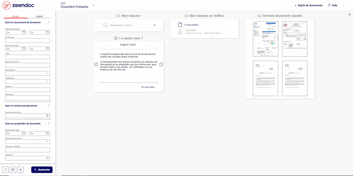 Page d’accueil de Zeendoc après connexion