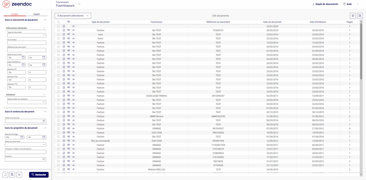Capture de Zeendoc, la recherche dans les documents fournisseurs